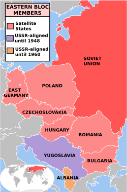 The Soviet Union is seen in red while states in light pink were satellites. Yugoslavia, a Soviet ally from 1945 to 1948 and non-aligned state thereafter, is marked in purple. Albania, a state which ceased being allied to the Soviet Union in the 1960s after the Sino-Soviet split, is marked in orange. EasternBloc BasicMembersOnly.svg