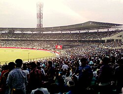 Eden Gardens, Kolkata (pictured in 2013), was the first ground in India to host a women's ODI. The ground hosted the final of the 1997 World Cup, which a crowd of almost 80,000 attended. Eden Gardens Kol.jpg