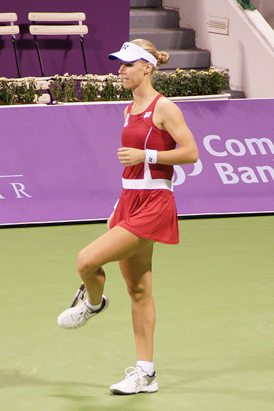 Women's singles champion, Elena Dementieva. Dementieva had reached two Grand Slam singles finals and lost before her triumph here.