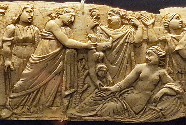 Thetis dips Achilles in Styx, 4th century relief, Museum of Ancient Eleutherna
