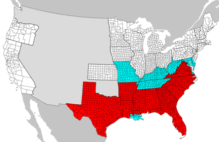 Areas covered by the Emancipation Proclamation are in red. Slave-holding areas not covered are in blue.