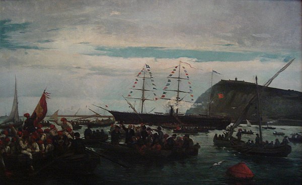 Embarkation of the Catalan Volunteers from the Port of Barcelona by Ramón Padró y Pedret [es]