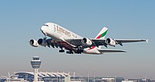 Emirates operates the largest fleet of Airbus A380s Emirates Airbus A380-861 A6-EER MUC 2015 01.jpg