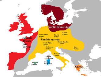 A map of Europe in the Bronze Age, showing the Atlantic network in red Europe late bronze age.png