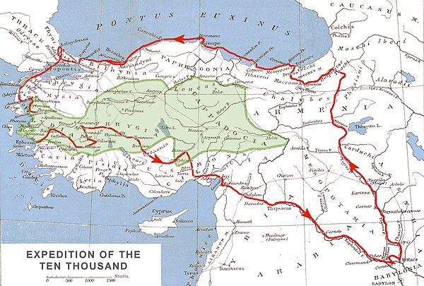 Route of Xenophon and the Ten Thousand (red line) in the Achaemenid Empire. The satrapy of Cyrus the Younger is delineated in green.