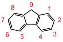 The fluorene molecule is most commonly linked at the 2 and 7 positions in polyfluorene derivatives. Also, the 9 position is typically where side chains are attached. Fluorene numbered.png