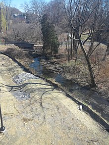 Ein Bach fließt zwischen blattlosen Bäumen unter einer Fußgängerbrücke in Richtung eines schilfreichen Gebiets.