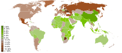 Ръст на БВП за 2009 година – страните в кафяво са в рецесия
