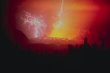 Lightning strikes during the eruption of the Galunggung volcano in 1982