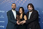 Fran Araujo, Isa Campo, and Isaki Lacuesta holding their Goya Award for Best Adapted Screenplay for One Year, One Night. Goyas 2023 - Grupo sin identificar 045.jpg