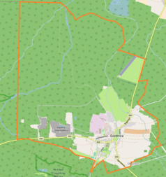 Mapa konturowa Gozdnicy, blisko centrum po prawej na dole znajduje się punkt z opisem „Stacja kolejowa Gozdnica”
