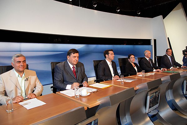 Six party leaders' televised debate ahead of the 2009 legislative elections. Alexis Tsipras, the leader of Syriza, is in the centre