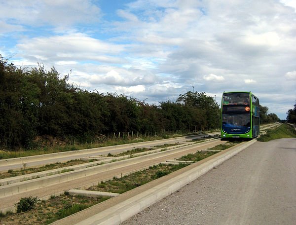 Stagecoach Route B bus travelling from Cambridge on the first full day of service on the busway, 7 August 2011.