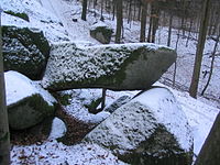 Granodioritfelsformation, genannt Bügeleisen, am Wald-Erlenbacher Hang des Höhnberges (Juhöhe-Komplex)