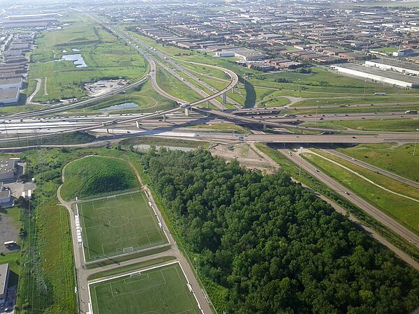 Aerial view of the interchange between Highway 401, 403 and 410 in Mississauga