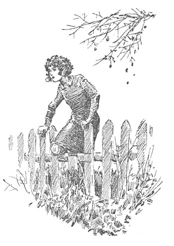 Szkic dziewczyny przechodzącej nad ułamaną sztachetą płotu w ogrodzie