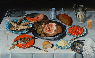 Jacob van Hulsdonk: Frühstück mit Fisch, Schinken und Kirschen