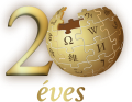 Thumbnail for File:Hungarian Wikipedia 20th birthday logo (icon + gold text).svg