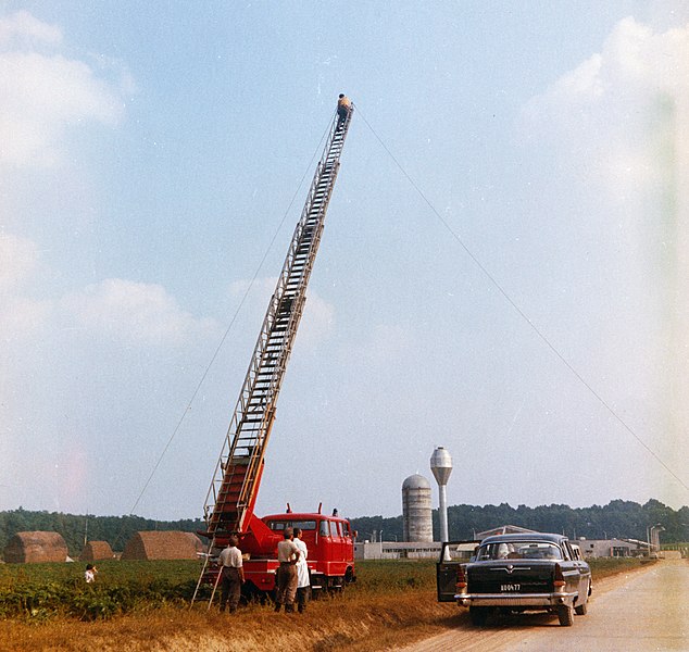 File:IFA-brand, ladder, water tower, number plate, fire truck, colorful, Gerrman brand, automobile, GAZ 13 Chaika, GAZ-brand, Soviet brand Fortepan 94107.jpg