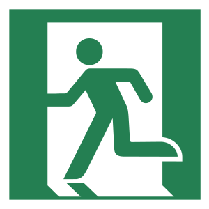 ISO 7010 symbol E001, an exit sign, facing left.