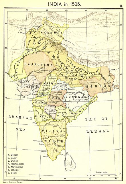 Gondwana kingdom 1525, as depicted in central India, on a map drawn in 1907
