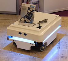 MiR100, a frontrunning example product for mobile industrial robots. Innorobo 2015 - Mobile Industrial Robots - MiR100.JPG