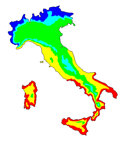 Map of the hardiness zones of Italy. .mw-parser-output .legend{page-break-inside:avoid;break-inside:avoid-column}.mw-parser-output .legend-color{display:inline-block;min-width:1.25em;height:1.25em;line-height:1.25;margin:1px 0;text-align:center;border:1px solid black;background-color:transparent;color:black}.mw-parser-output .legend-text{}  Area of conifers and blueberries   Area of beech and raspberries   Area of chestnut and vine   Area of olive tree   Area of citrus