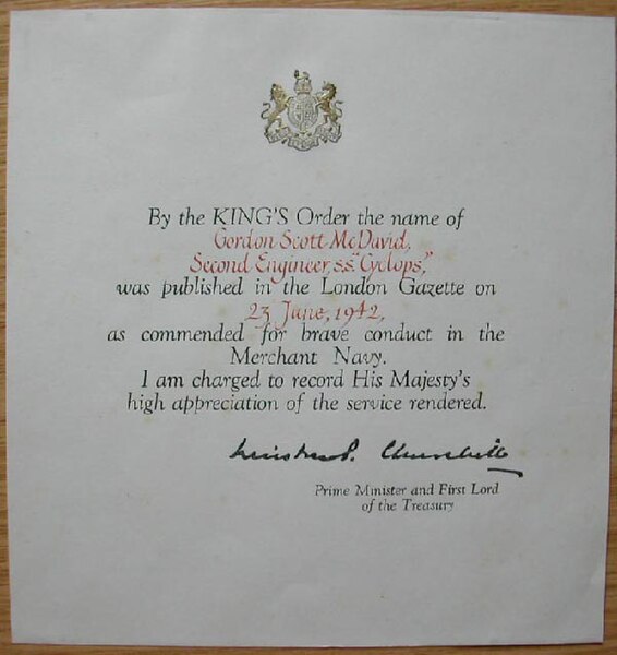 Certificate of a King's Commendation awarded posthumously to a merchant seaman in 1942