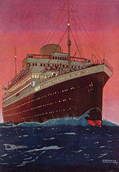 A 1928 painting of Alcantara by Kenneth Shoesmith for an RMSP poster in her original appearance as a diesel-engined motor ship with two low funnels Kenneth-shoesmith-the-liner-alcantara-at-sea-1928.jpg