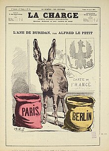 Âne entre deux sacs de grains inscrits Paris et Berlin, devant une carte de France où des drapeaux avec l'aigle héraldique allemand sont positionnés sur certaines villes.