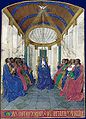 La Vierge au centre entourée des apôtres assis dans une salle surplombés par la colombe du Saint-Esprit