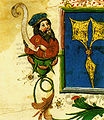 Judío alemán portando el anillo amarillo. Libro de oraciones para Pésaj, manuscrito hebreo, c. 1460-1476.[45]​