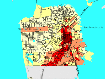 thematic map of San Francisco in 2000, highlighting the district's concentration of Hispanic or Latino residents