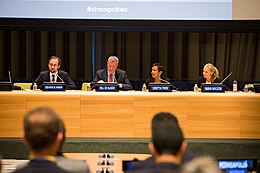 Launch of the Strong Cities Network at the United Nations General Assembly with Zeid bin Raad al Hussein, Bill de Blasio, Loretta Lynch, and Sasha Havlicek, September 2015 Launch-of-the-Strong-Cities-Network.jpg