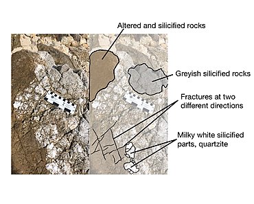 Left: Silicified hydrothermal breccia. The greyish white parts have undergone silicification. Right: Annotated diagram of the left image, showing features of a silicified breccia. Left image- A silicified hydrothermal breccia in Kat O, Northeastern Hong Kong. The greyish white parts has undergone silicification. Right image- An annotated diagram of the left image, showing features of a silicified breccia..jpg