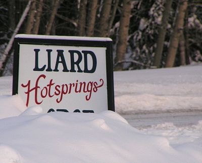 Welcome sign on the Alaska Highway Liard Hotsprings sign.JPG