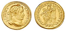 Gold coin depicting Licinius with laurel wreath facing right