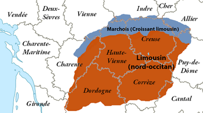 Carte de l'occitan limousin avec le marchois (croissantais limousin)[45].