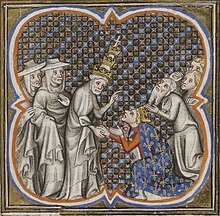 Enluminure représentant le pape échangeant avec un souverain à genoux.