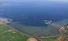 2012 aerial photograph of Gelting Bay from the south with Gelting Mole (far left) and Wackerballig (right) and the spit near Habernis on the Flensburg Fjord (top left)