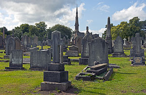 Tombstones of various sizes on a slope to a stone building with a tall spire in the center background, with trees on either side, under a blue sky with clouds