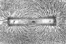 Magnetic lines of force of a bar magnet shown by iron filings on paper Magnet0873.png