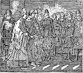 Hitam dan putih ilustrasi dari seorang pria menjadi led di ploughshare selama cobaan