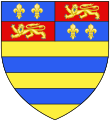 Arms of Manners (augmented, post 1525): Or, two bars azure a chief quarterly azure and gules in 1st and 4th quarters two fleurs-de-lis and in the 2nd and 3rd a lion passant guardant all or