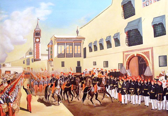 Military parade of the Tunisian Crimean War contingent (1855), under the command of generals Rechid, Mohamed Chaouch and Osman