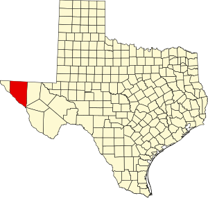 Mapa do Texas com destaque para o Condado de Hudspeth