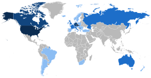 Countries with significant Czech population and descendants.

.mw-parser-output .legend{page-break-inside:avoid;break-inside:avoid-column}.mw-parser-output .legend-color{display:inline-block;min-width:1.25em;height:1.25em;line-height:1.25;margin:1px 0;text-align:center;border:1px solid black;background-color:transparent;color:black}.mw-parser-output .legend-text{}
Czech Republic
+ 1,000,000
+ 100,000
+ 10,000
+ 1,000 Map of the Czech Diaspora in the World.svg