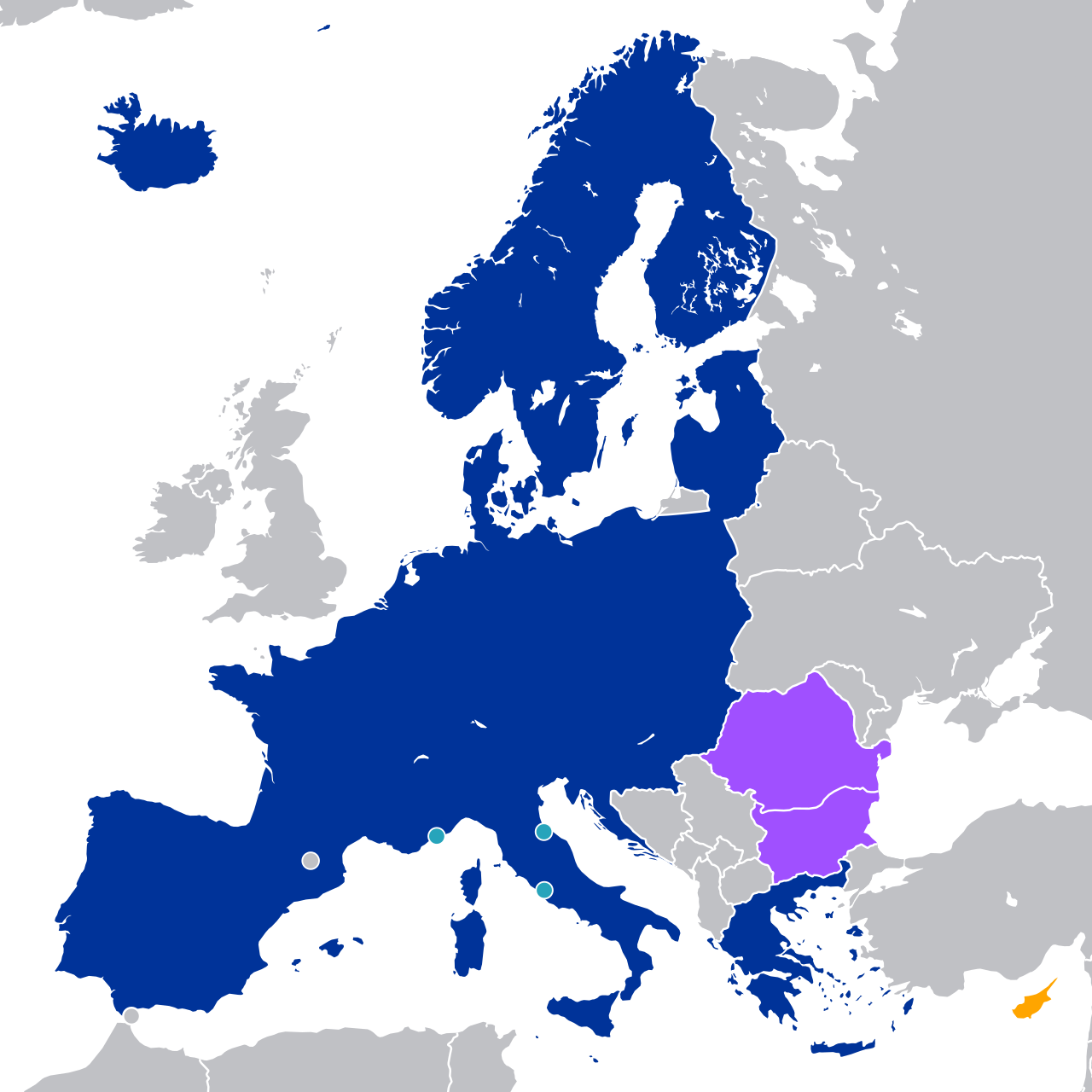 Karta över länder som är med i Schengen