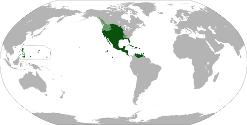 Maximum extent of the Viceroyalty of New Spain. The areas in light green were territories claimed but not controlled by New Spain.