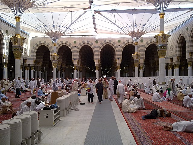 Umbrella-like shading canopies inside the Masjid an-Nabawi (Mosque of the Prophet)
